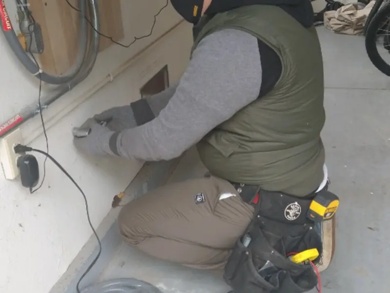 Electrician performing outlet wiring in a La Vergne garage